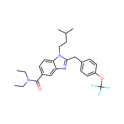 CCN(CC)C(=O)c1ccc2c(c1)nc(Cc1ccc(OC(F)(F)F)cc1)n2CCC(C)C ZINC000040845092