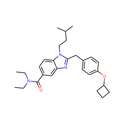 CCN(CC)C(=O)c1ccc2c(c1)nc(Cc1ccc(OC3CCC3)cc1)n2CCC(C)C ZINC000040980735