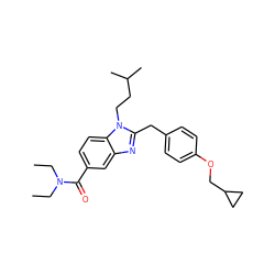 CCN(CC)C(=O)c1ccc2c(c1)nc(Cc1ccc(OCC3CC3)cc1)n2CCC(C)C ZINC000040981268