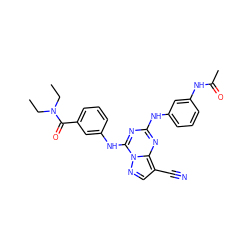 CCN(CC)C(=O)c1cccc(Nc2nc(Nc3cccc(NC(C)=O)c3)nc3c(C#N)cnn23)c1 ZINC000028707999