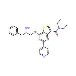 CCN(CC)C(=O)c1csc2c(NC[C@@H](N)Cc3ccccc3)nc(-c3ccncc3)nc12 ZINC000223689984