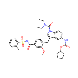 CCN(CC)C(=O)n1cc(Cc2ccc(C(=O)NS(=O)(=O)c3ccccc3C)cc2OC)c2cc(NC(=O)OC3CCCC3)ccc21 ZINC000026498022