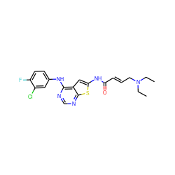 CCN(CC)C/C=C/C(=O)Nc1cc2c(Nc3ccc(F)c(Cl)c3)ncnc2s1 ZINC000169311830