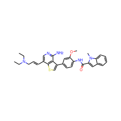 CCN(CC)C/C=C/c1cnc(N)c2c(-c3ccc(NC(=O)c4cc5ccccc5n4C)c(OC)c3)csc12 ZINC000028822585