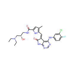 CCN(CC)C[C@@H](O)CNC(=O)c1cc(C)c(/C=C2\C(=O)Nc3ncnc(Nc4ccc(F)c(Cl)c4)c32)[nH]1 ZINC000014944874