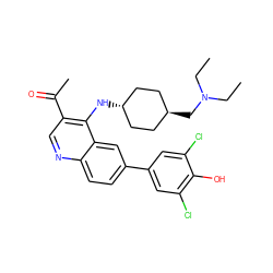 CCN(CC)C[C@H]1CC[C@H](Nc2c(C(C)=O)cnc3ccc(-c4cc(Cl)c(O)c(Cl)c4)cc23)CC1 ZINC000473179790