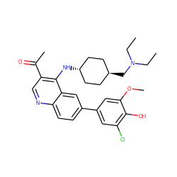 CCN(CC)C[C@H]1CC[C@H](Nc2c(C(C)=O)cnc3ccc(-c4cc(Cl)c(O)c(OC)c4)cc23)CC1 ZINC000473179788