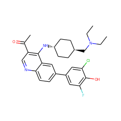 CCN(CC)C[C@H]1CC[C@H](Nc2c(C(C)=O)cnc3ccc(-c4cc(F)c(O)c(Cl)c4)cc23)CC1 ZINC000473179778