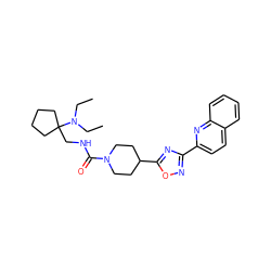 CCN(CC)C1(CNC(=O)N2CCC(c3nc(-c4ccc5ccccc5n4)no3)CC2)CCCC1 ZINC000072179675