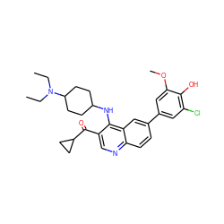 CCN(CC)C1CCC(Nc2c(C(=O)C3CC3)cnc3ccc(-c4cc(Cl)c(O)c(OC)c4)cc23)CC1 ZINC000114036960