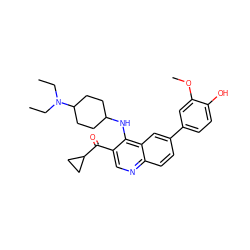 CCN(CC)C1CCC(Nc2c(C(=O)C3CC3)cnc3ccc(-c4ccc(O)c(OC)c4)cc23)CC1 ZINC000114033813