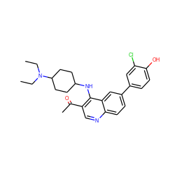 CCN(CC)C1CCC(Nc2c(C(C)=O)cnc3ccc(-c4ccc(O)c(Cl)c4)cc23)CC1 ZINC000114036714