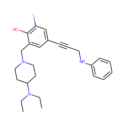 CCN(CC)C1CCN(Cc2cc(C#CCNc3ccccc3)cc(I)c2O)CC1 ZINC000095631304