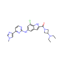 CCN(CC)C1CN(C(=O)c2cc3cc(Nc4nccc(-c5cn(C)cn5)n4)cc(Cl)c3[nH]2)C1 ZINC000205651253