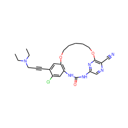 CCN(CC)CC#Cc1cc2c(cc1Cl)NC(=O)Nc1cnc(C#N)c(n1)OCCCCCO2 ZINC000014958342