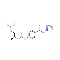 CCN(CC)CC[C@H](C)CC(=O)Nc1ccc(C(=O)Nc2nccs2)cc1 ZINC000299862230