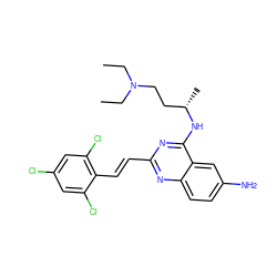 CCN(CC)CC[C@H](C)Nc1nc(/C=C/c2c(Cl)cc(Cl)cc2Cl)nc2ccc(N)cc12 ZINC001772584626