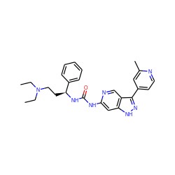 CCN(CC)CC[C@H](NC(=O)Nc1cc2[nH]nc(-c3ccnc(C)c3)c2cn1)c1ccccc1 ZINC000219764527