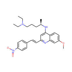 CCN(CC)CCC[C@@H](C)Nc1cc(/C=C/c2ccc([N+](=O)[O-])cc2)nc2cc(OC)ccc12 ZINC000004424495