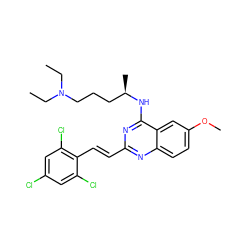 CCN(CC)CCC[C@@H](C)Nc1nc(/C=C/c2c(Cl)cc(Cl)cc2Cl)nc2ccc(OC)cc12 ZINC001772584462