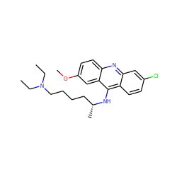 CCN(CC)CCCC[C@@H](C)Nc1c2ccc(Cl)cc2nc2ccc(OC)cc12 ZINC000013557621