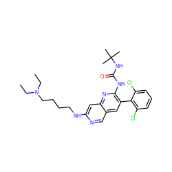 CCN(CC)CCCCNc1cc2nc(NC(=O)NC(C)(C)C)c(-c3c(Cl)cccc3Cl)cc2cn1 ZINC000013647864