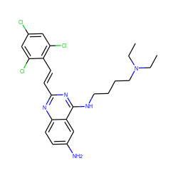 CCN(CC)CCCCNc1nc(/C=C/c2c(Cl)cc(Cl)cc2Cl)nc2ccc(N)cc12 ZINC001772609333