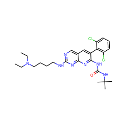 CCN(CC)CCCCNc1ncc2cc(-c3c(Cl)cccc3Cl)c(NC(=O)NC(C)(C)C)nc2n1 ZINC000003952380