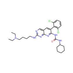 CCN(CC)CCCCNc1ncc2cc(-c3c(Cl)cccc3Cl)c(NC(=O)NC3CCCCC3)nc2n1 ZINC000014944231