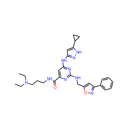 CCN(CC)CCCNC(=O)c1cc(Nc2cc(C3CC3)[nH]n2)nc(NCc2cc(-c3ccccc3)no2)n1 ZINC000203007350