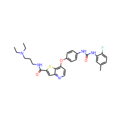 CCN(CC)CCCNC(=O)c1cc2nccc(Oc3ccc(NC(=O)Nc4cc(C)ccc4F)cc3)c2s1 ZINC000219982805