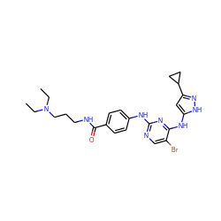 CCN(CC)CCCNC(=O)c1ccc(Nc2ncc(Br)c(Nc3cc(C4CC4)n[nH]3)n2)cc1 ZINC000035986130