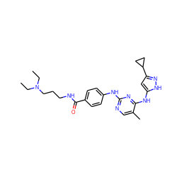 CCN(CC)CCCNC(=O)c1ccc(Nc2ncc(C)c(Nc3cc(C4CC4)n[nH]3)n2)cc1 ZINC000140748521