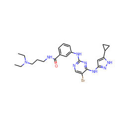 CCN(CC)CCCNC(=O)c1cccc(Nc2ncc(Br)c(Nc3cc(C4CC4)[nH]n3)n2)c1 ZINC000203003118