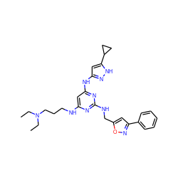 CCN(CC)CCCNc1cc(Nc2cc(C3CC3)[nH]n2)nc(NCc2cc(-c3ccccc3)no2)n1 ZINC000138213785