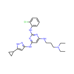 CCN(CC)CCCNc1cc(Nc2cc(C3CC3)[nH]n2)nc(Nc2ccccc2Cl)n1 ZINC000203005580