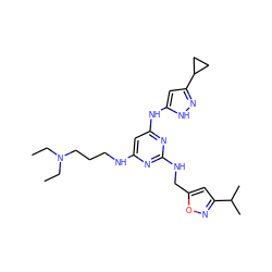 CCN(CC)CCCNc1cc(Nc2cc(C3CC3)n[nH]2)nc(NCc2cc(C(C)C)no2)n1 ZINC000035985182