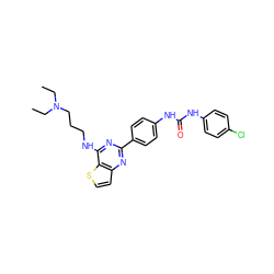 CCN(CC)CCCNc1nc(-c2ccc(NC(=O)Nc3ccc(Cl)cc3)cc2)nc2ccsc12 ZINC000299829656