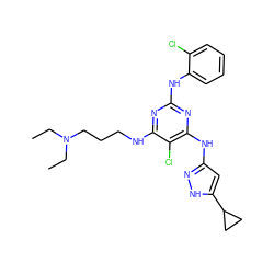 CCN(CC)CCCNc1nc(Nc2ccccc2Cl)nc(Nc2cc(C3CC3)[nH]n2)c1Cl ZINC000136578610