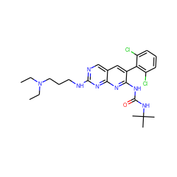 CCN(CC)CCCNc1ncc2cc(-c3c(Cl)cccc3Cl)c(NC(=O)NC(C)(C)C)nc2n1 ZINC000003815508