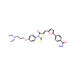 CCN(CC)CCCOc1ccc(N2C(=O)/C(=C/c3ccc(-c4ccc(C(N)=O)cc4)o3)SC2=S)cc1 ZINC000084690783