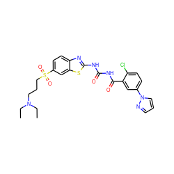 CCN(CC)CCCS(=O)(=O)c1ccc2nc(NC(=O)NC(=O)c3cc(-n4cccn4)ccc3Cl)sc2c1 ZINC000117109511