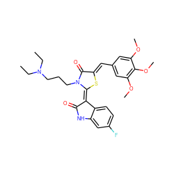 CCN(CC)CCCn1c(=O)/c(=C/c2cc(OC)c(OC)c(OC)c2)s/c1=C1/C(=O)Nc2cc(F)ccc21 ZINC000072177263