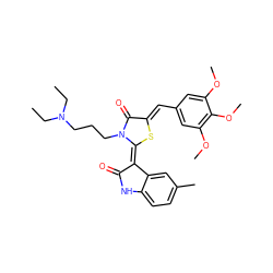 CCN(CC)CCCn1c(=O)/c(=C/c2cc(OC)c(OC)c(OC)c2)s/c1=C1/C(=O)Nc2ccc(C)cc21 ZINC000072179560