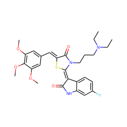 CCN(CC)CCCn1c(=O)/c(=C/c2cc(OC)c(OC)c(OC)c2)s/c1=C1\C(=O)Nc2cc(F)ccc21 ZINC000101747524