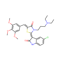 CCN(CC)CCCn1c(=O)/c(=C/c2cc(OC)c(OC)c(OC)c2)s/c1=C1\C(=O)Nc2ccc(Cl)cc21 ZINC000101747634