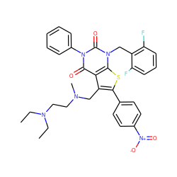 CCN(CC)CCN(C)Cc1c(-c2ccc([N+](=O)[O-])cc2)sc2c1c(=O)n(-c1ccccc1)c(=O)n2Cc1c(F)cccc1F ZINC000027196283