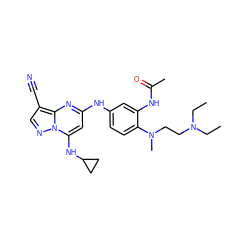 CCN(CC)CCN(C)c1ccc(Nc2cc(NC3CC3)n3ncc(C#N)c3n2)cc1NC(C)=O ZINC000653840724