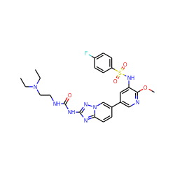 CCN(CC)CCNC(=O)Nc1nc2ccc(-c3cnc(OC)c(NS(=O)(=O)c4ccc(F)cc4)c3)cn2n1 ZINC000473110939