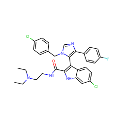 CCN(CC)CCNC(=O)c1[nH]c2cc(Cl)ccc2c1-c1c(-c2ccc(F)cc2)ncn1Cc1ccc(Cl)cc1 ZINC001772572242